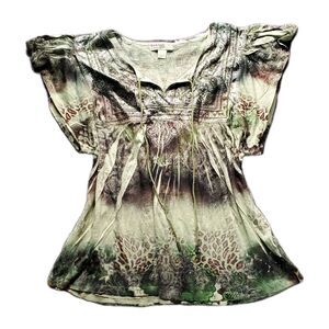 Vintage Y2K Energe Mixed Print Top Green Forrest Fairy Paisley Animal Indie
